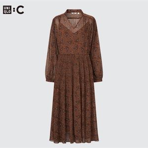 Printed Chiffon Pleated Sleeve Long Dress